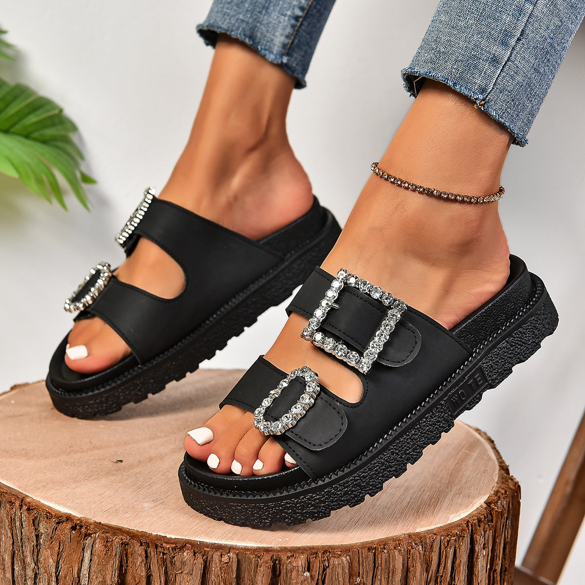 Rhinestone Buckle Platform Sandals