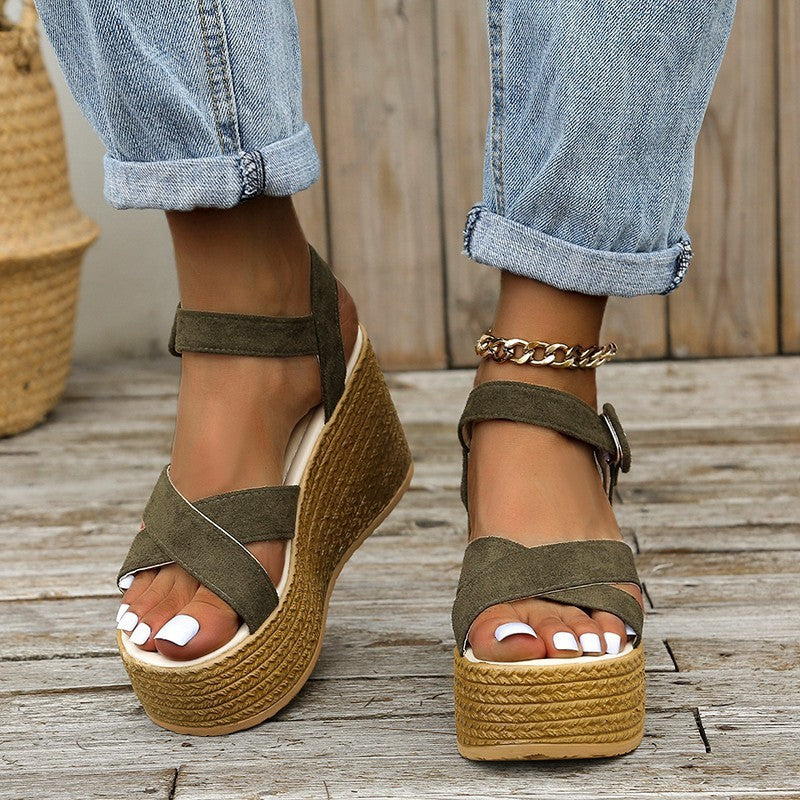 Cross-Strap Wedge Hemp Heel Sandals