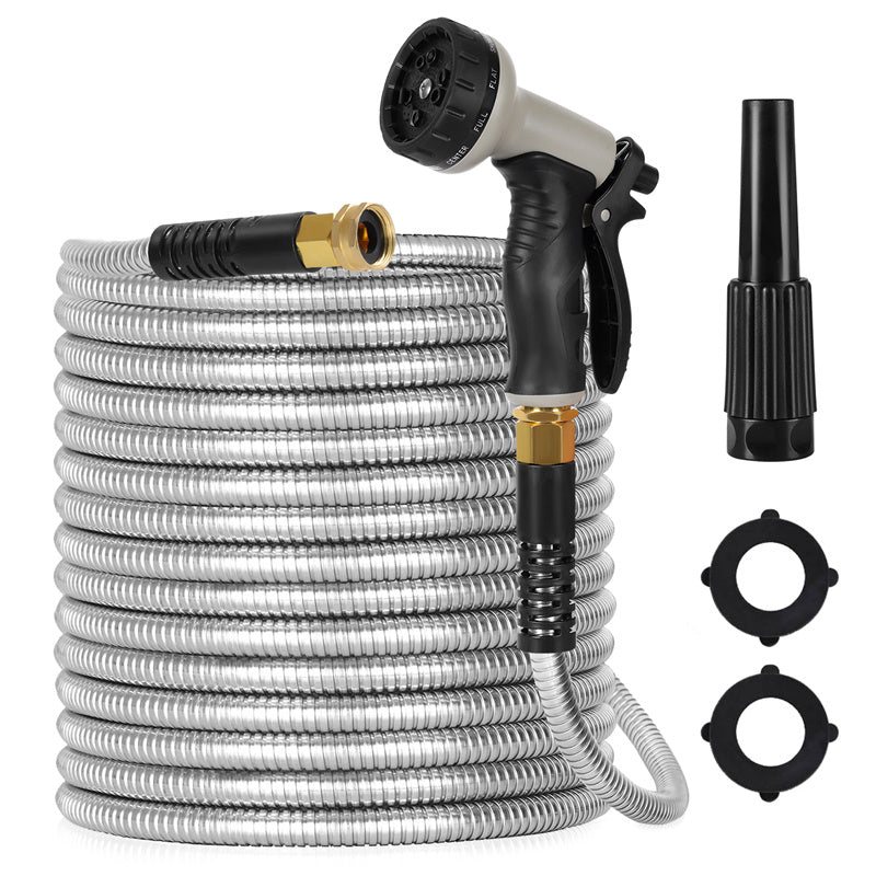 100FT Metal Garden Hose with Spray Nozzle