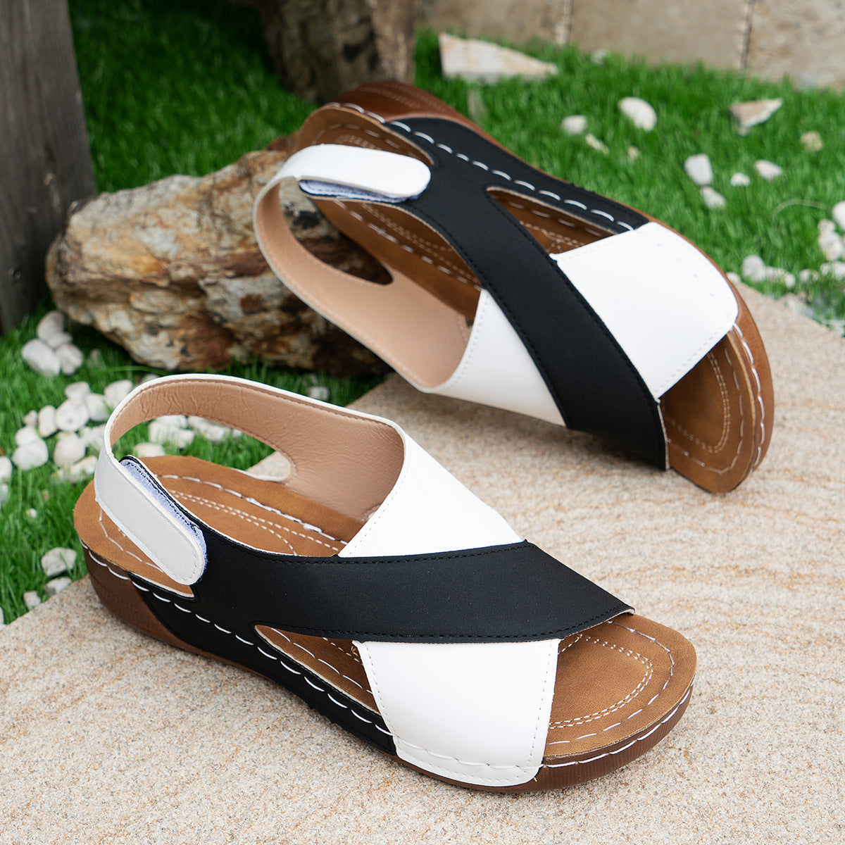 Colorblock Cross-Strap Wedge Sandals