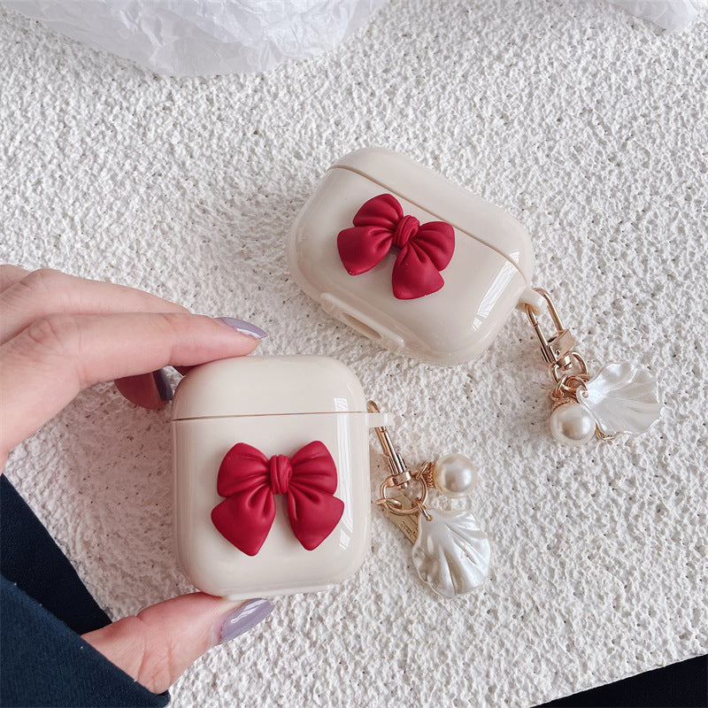 Beige Red Bow Wireless Earphone Case