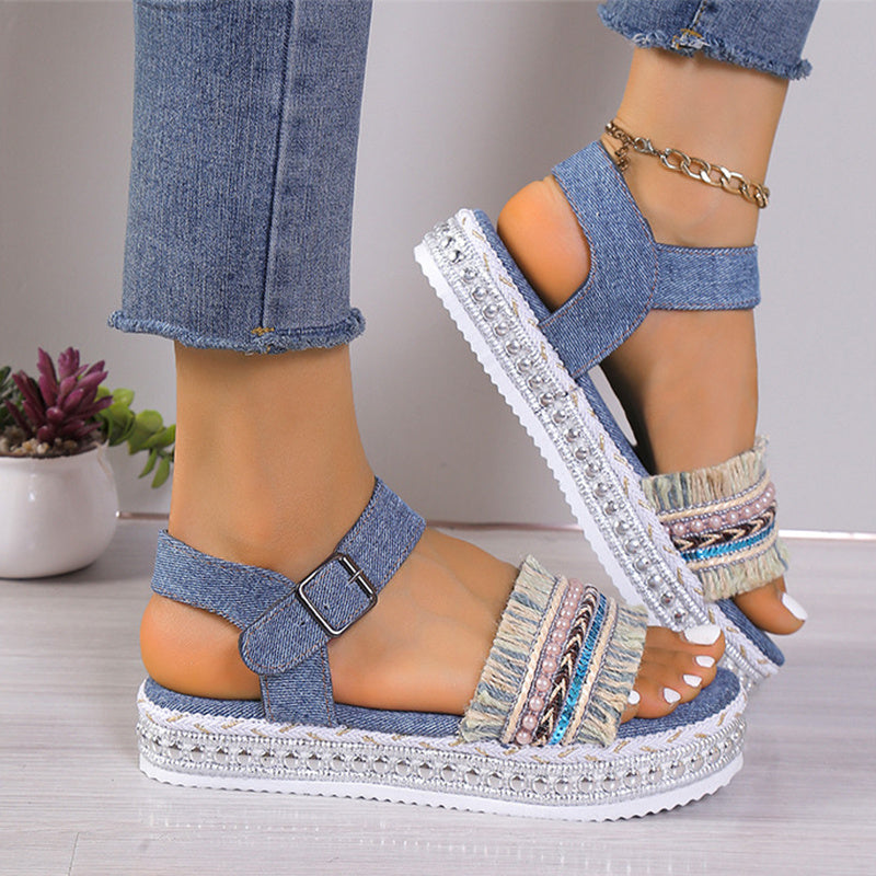 Tassel Denim Flat Ethnic Sandals