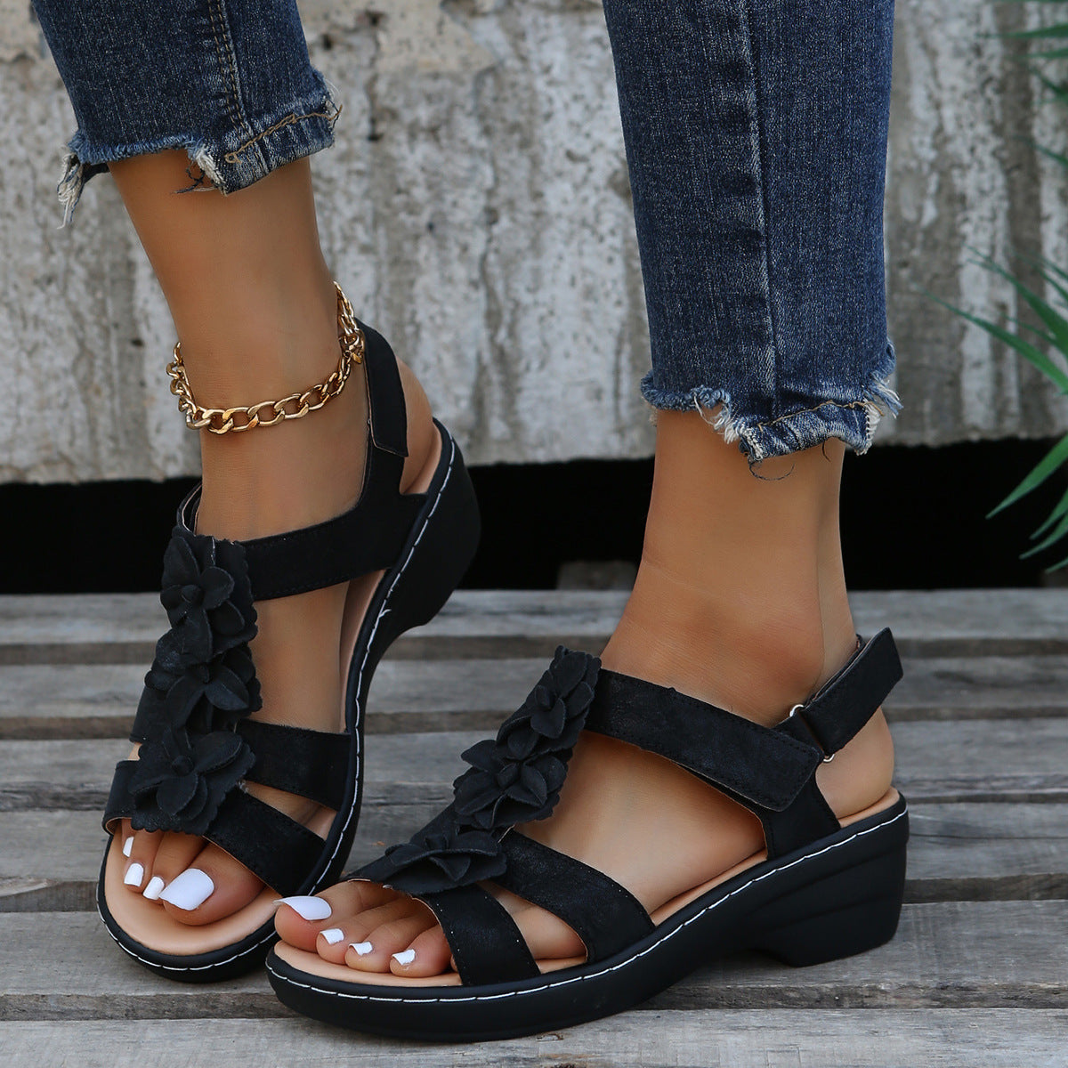 Floral Velcro Wedge Sandals for Women