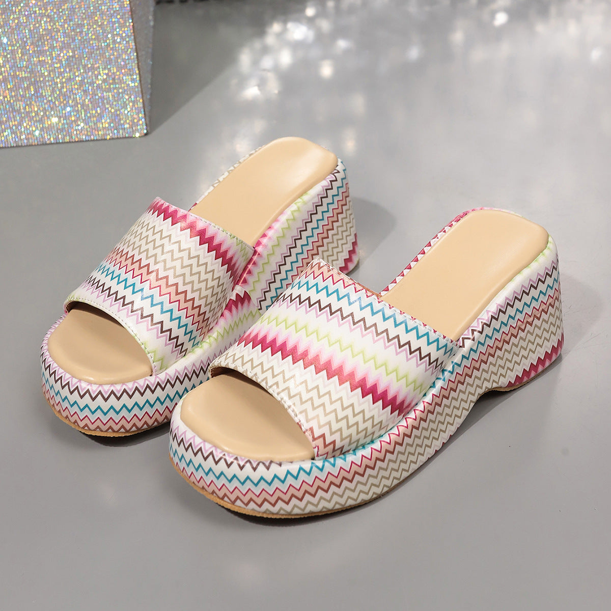 Colorful Wave Print Wedge Sandals Women