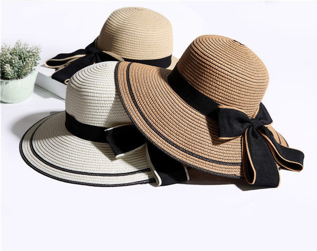 Chapeau de soleil à gros nœud noir pour femme, chapeau d'été pliable en paille, chapeau de plage Panama à large bord, visière, nouveauté
