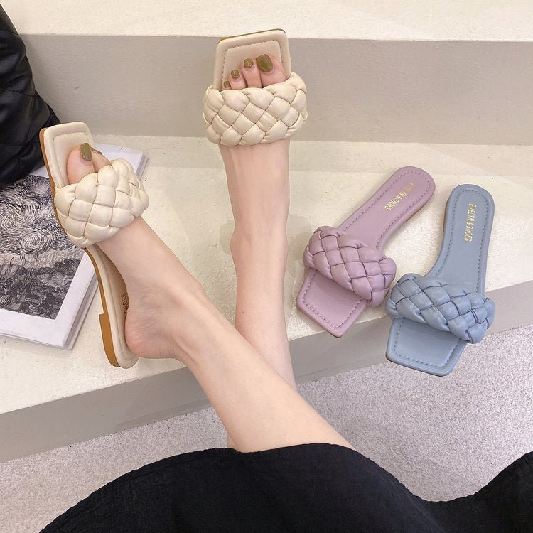Candy Color Woven Flat Slippers Women