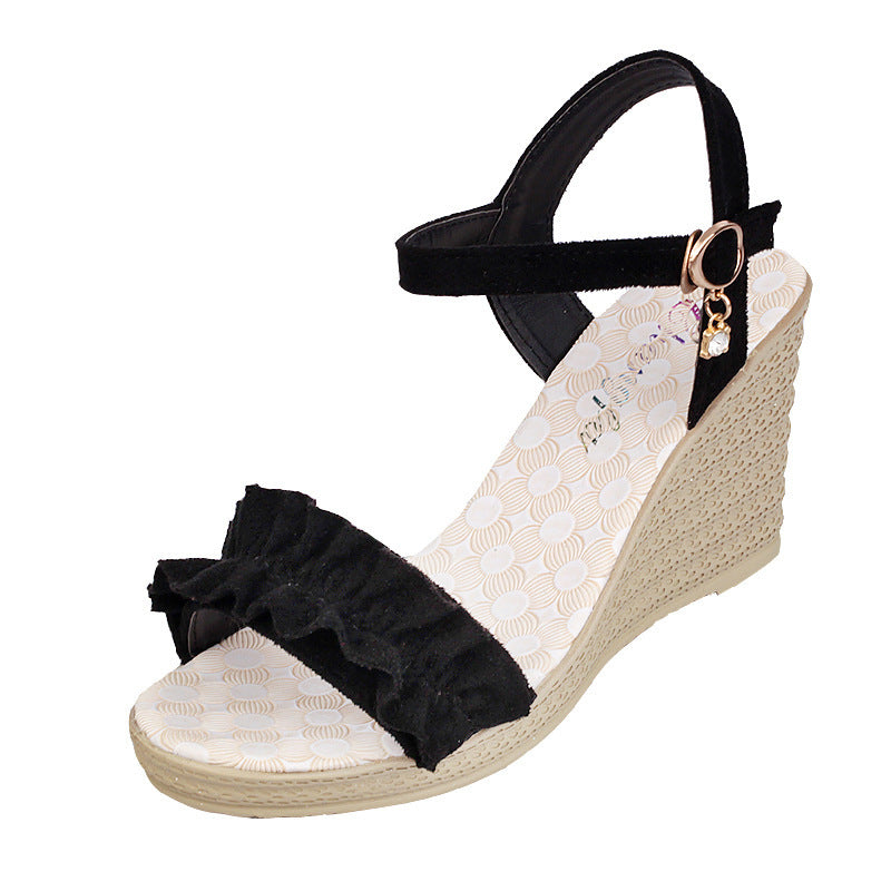 Lace Diamond Thick Slope Heeled Sandals