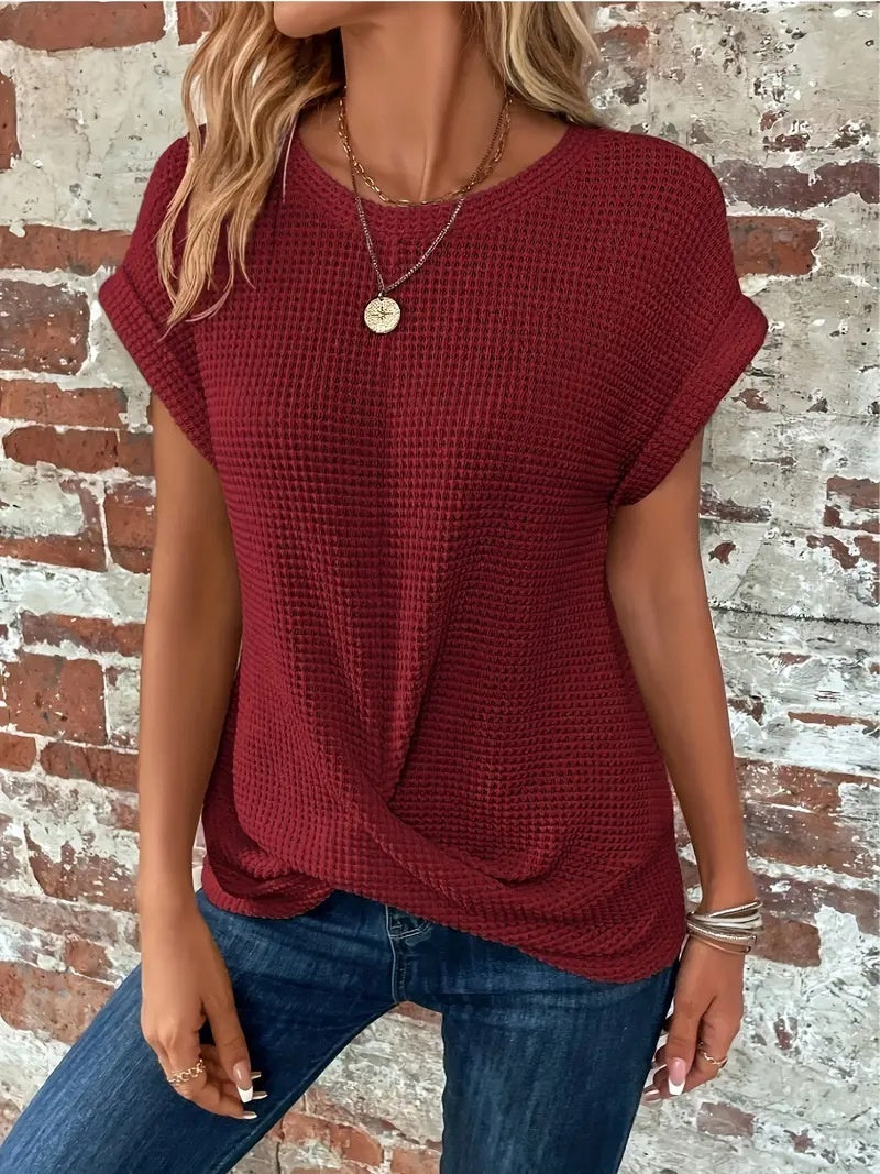 T-shirt ras du cou en tricot gaufré pour femme