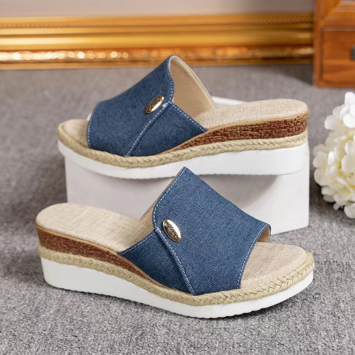 Denim Canvas Hemp Wedge Sandals Women