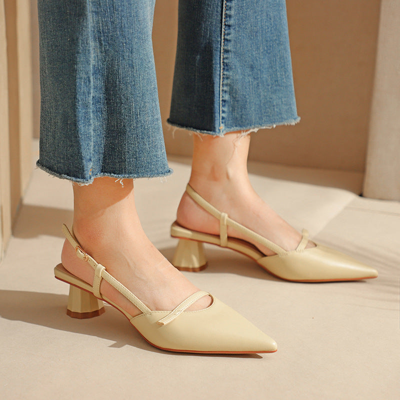 Chunky Low Heel Pointed Leather Sandals