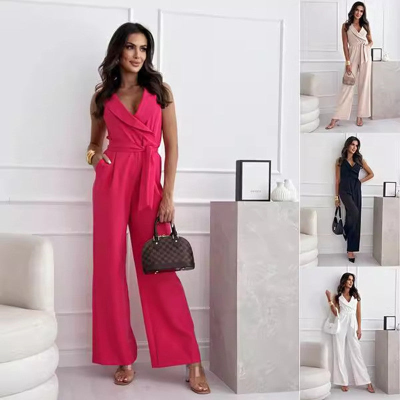 V-Neck Sleeveless Belted Jumpsuit