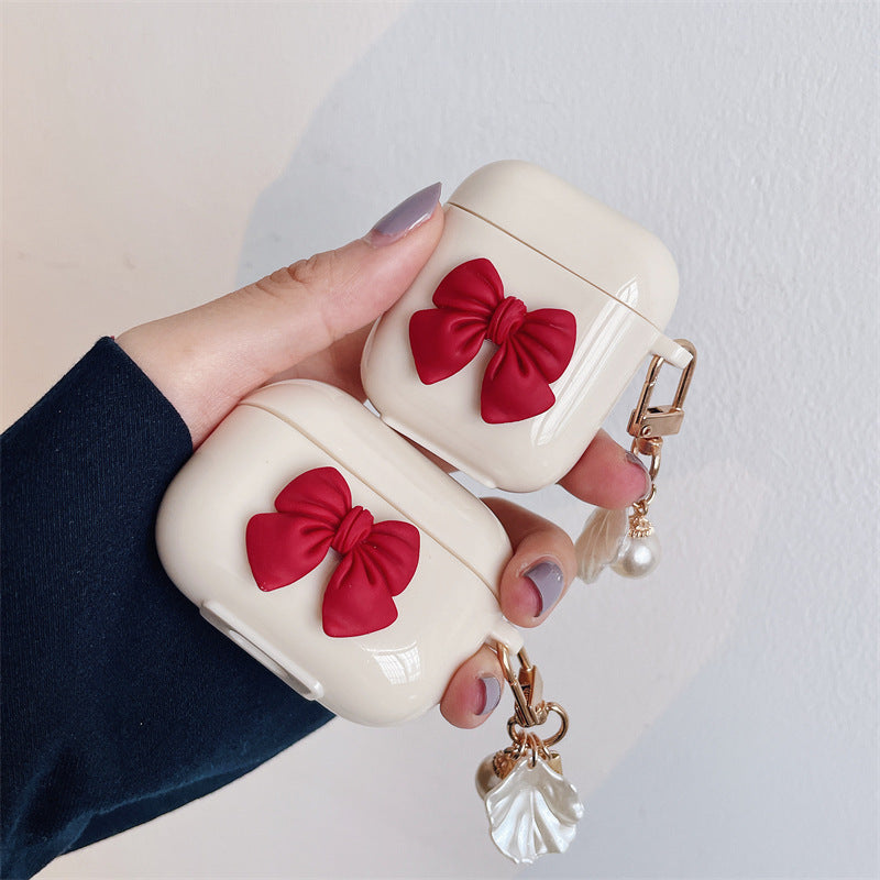 Beige Red Bow Wireless Earphone Case