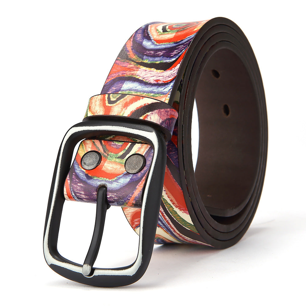 Ceinture en cuir de vachette à motif graffiti arc-en-ciel