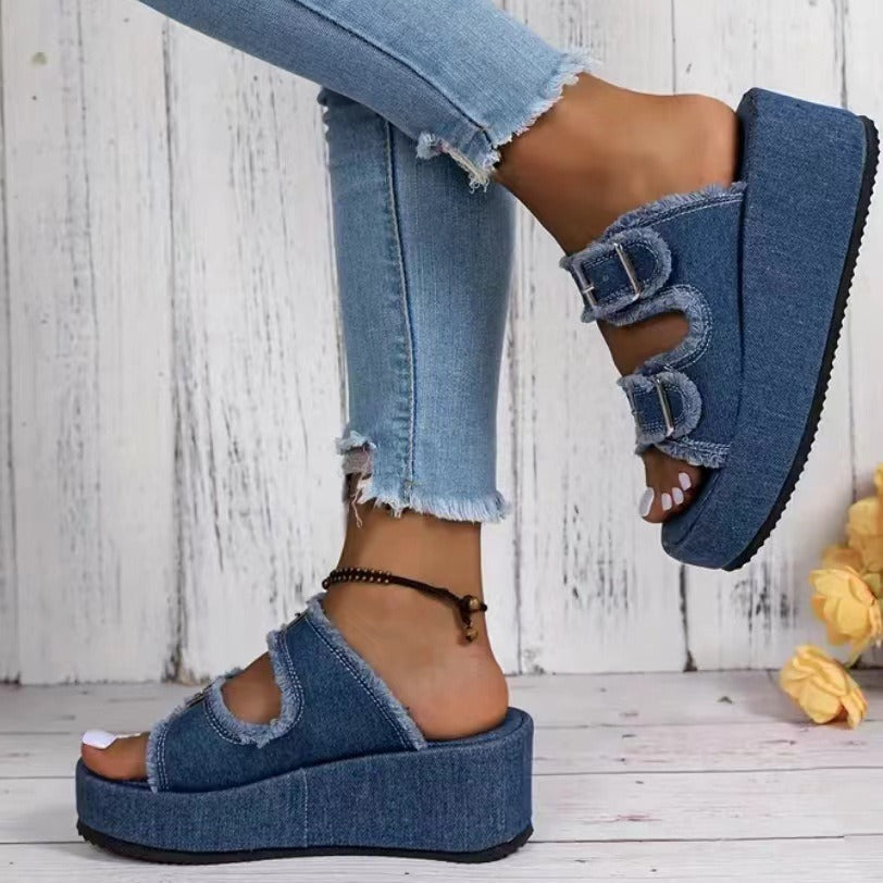 Denim Buckle Wedge Camouflage Sandals