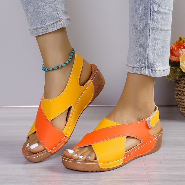 Colorblock Cross-Strap Wedge Sandals