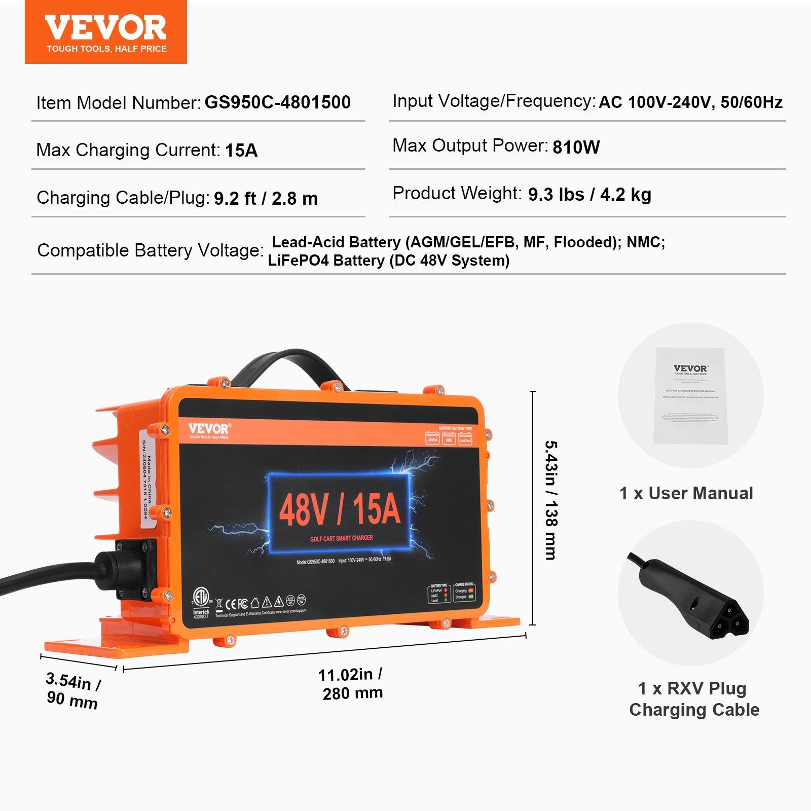 VEVOR 48V 15A Smart Golf Cart Charger