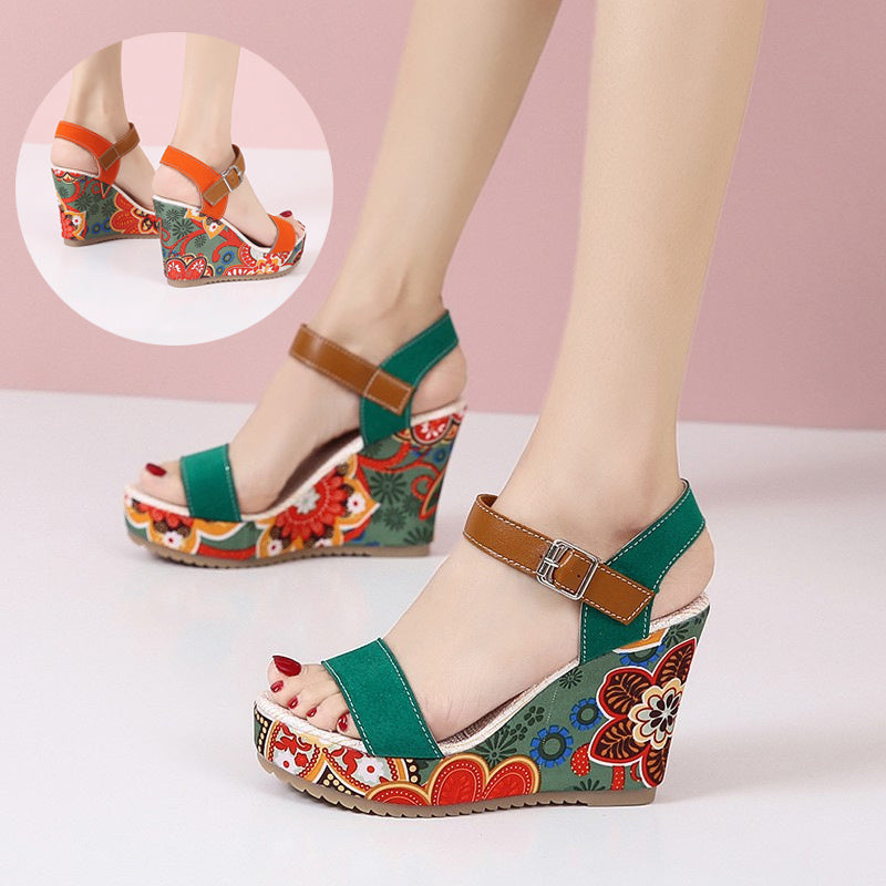Embroidered Floral Wedge Sandals Women