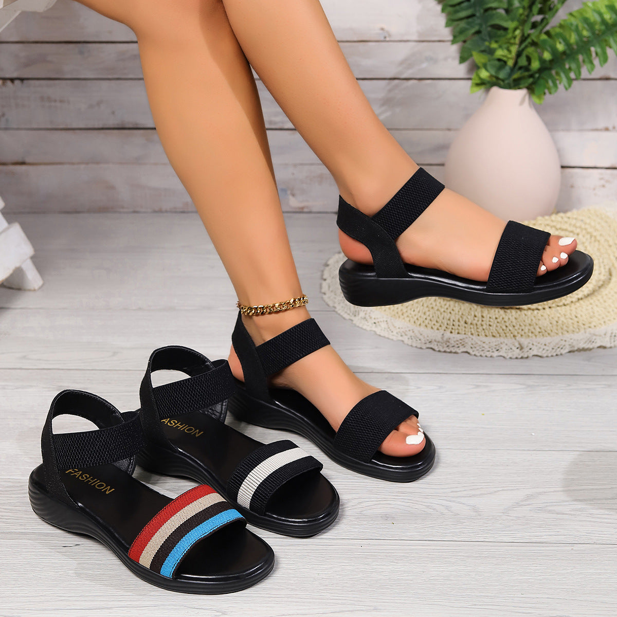 Colorblock Elastic Fish Mouth Sandals