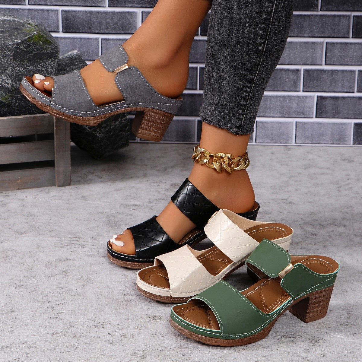 Plaid Chunky Heel Sandals for Women