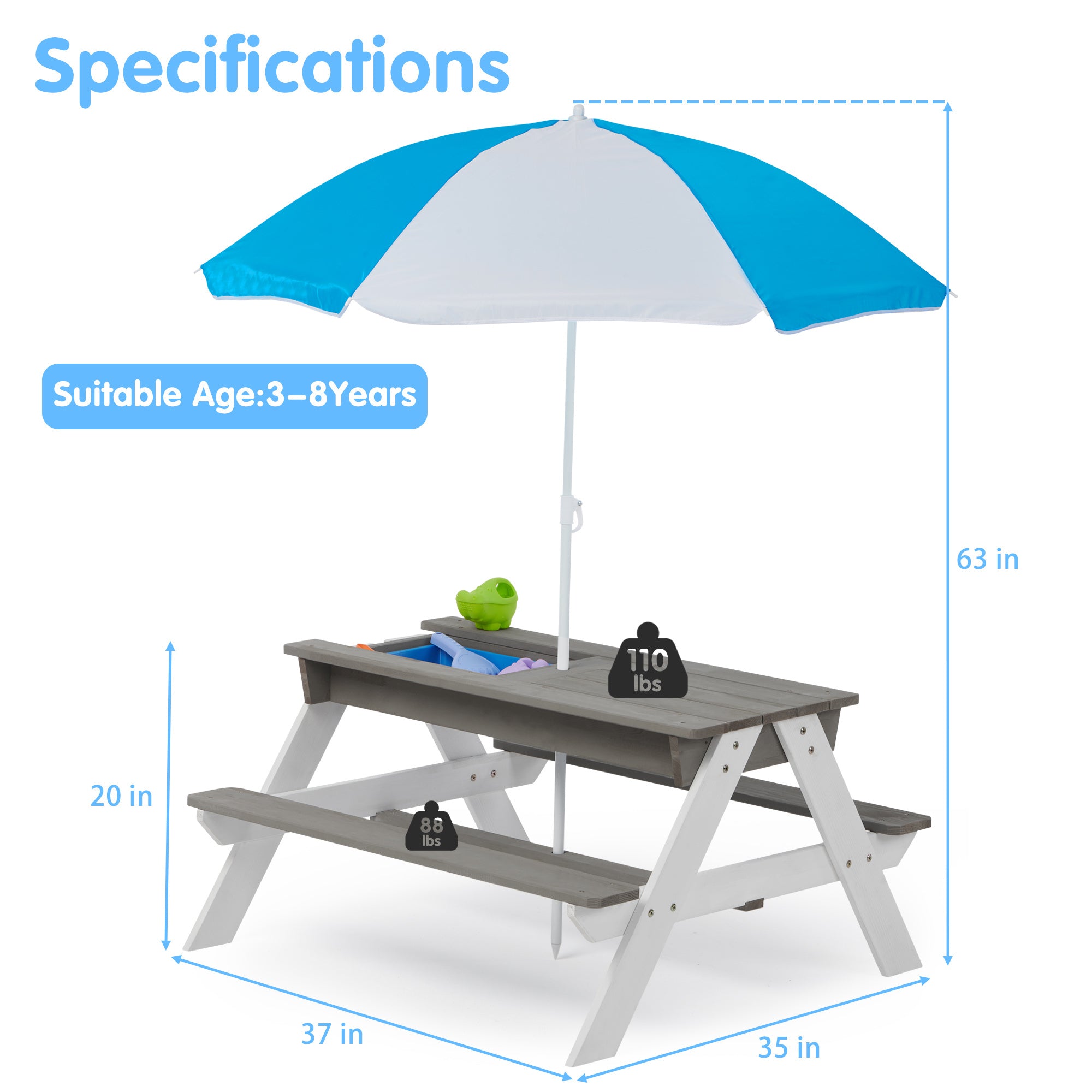 3-in-1 Kids Picnic Table with Umbrella