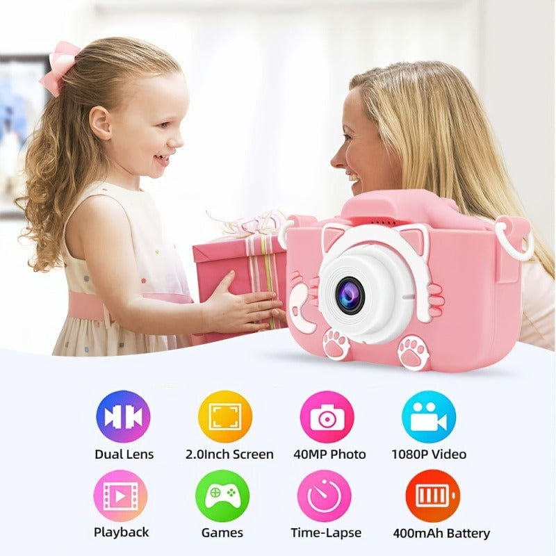 Pink Cat Kids Camera with Selfie Filters