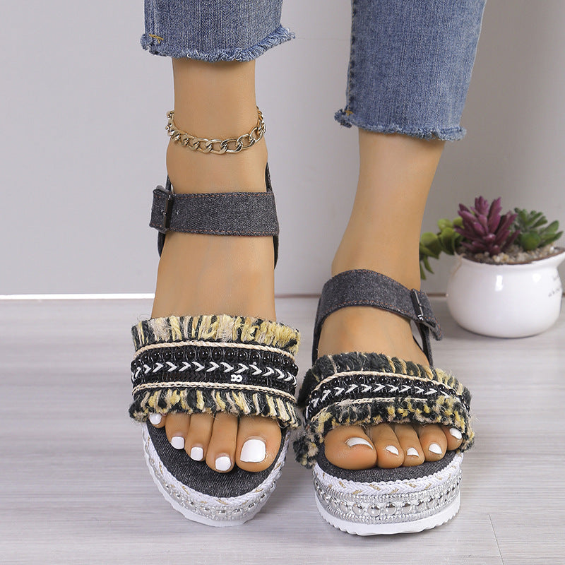 Tassel Denim Flat Ethnic Sandals