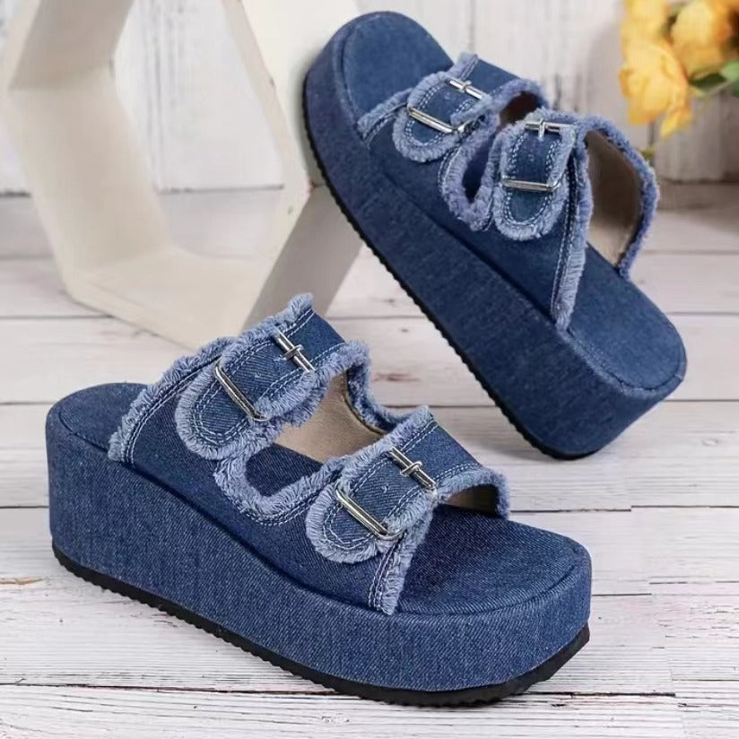 Denim Buckle Wedge Camouflage Sandals
