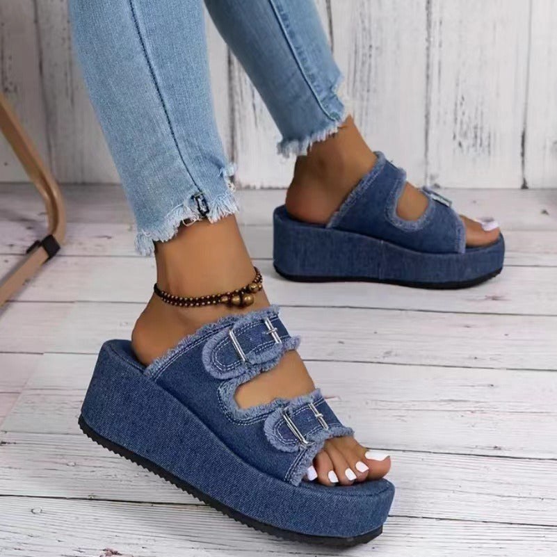 Denim Buckle Wedge Camouflage Sandals