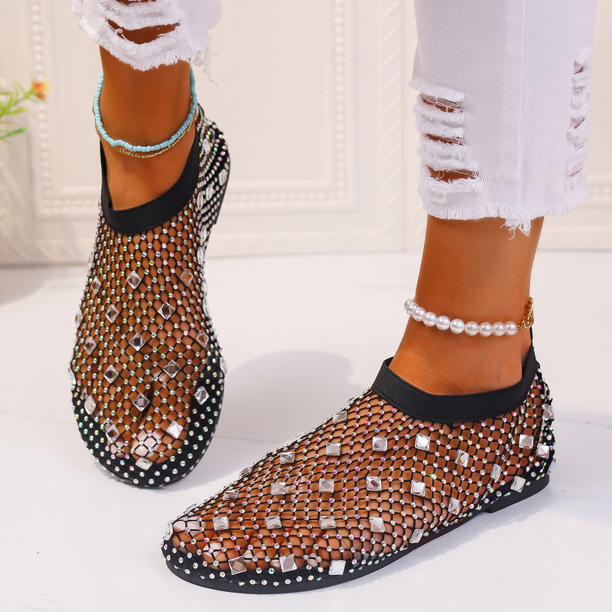 Colorful Rhinestone Mesh Flat Sandals