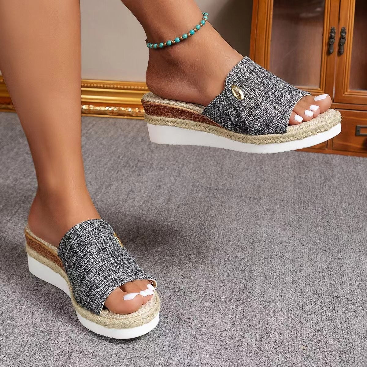 Denim Canvas Hemp Wedge Sandals Women