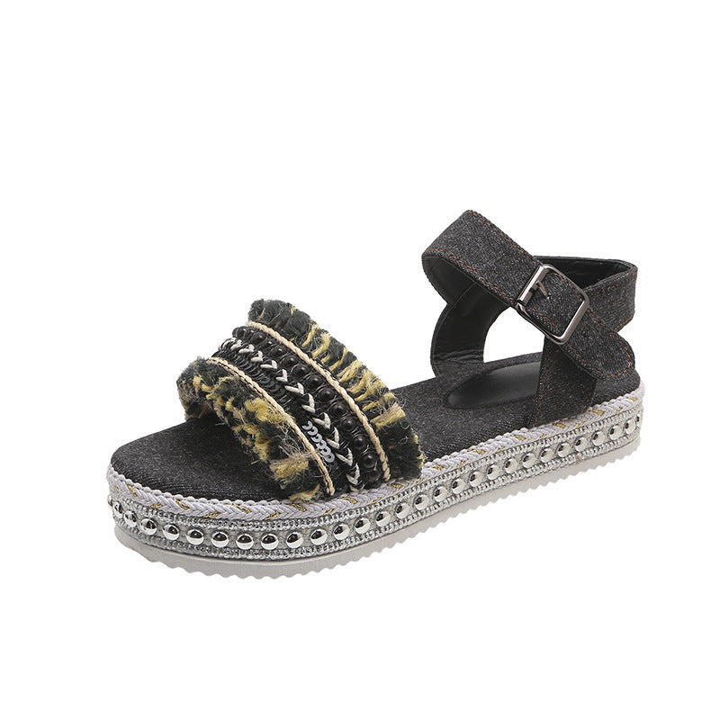 Tassel Denim Flat Ethnic Sandals