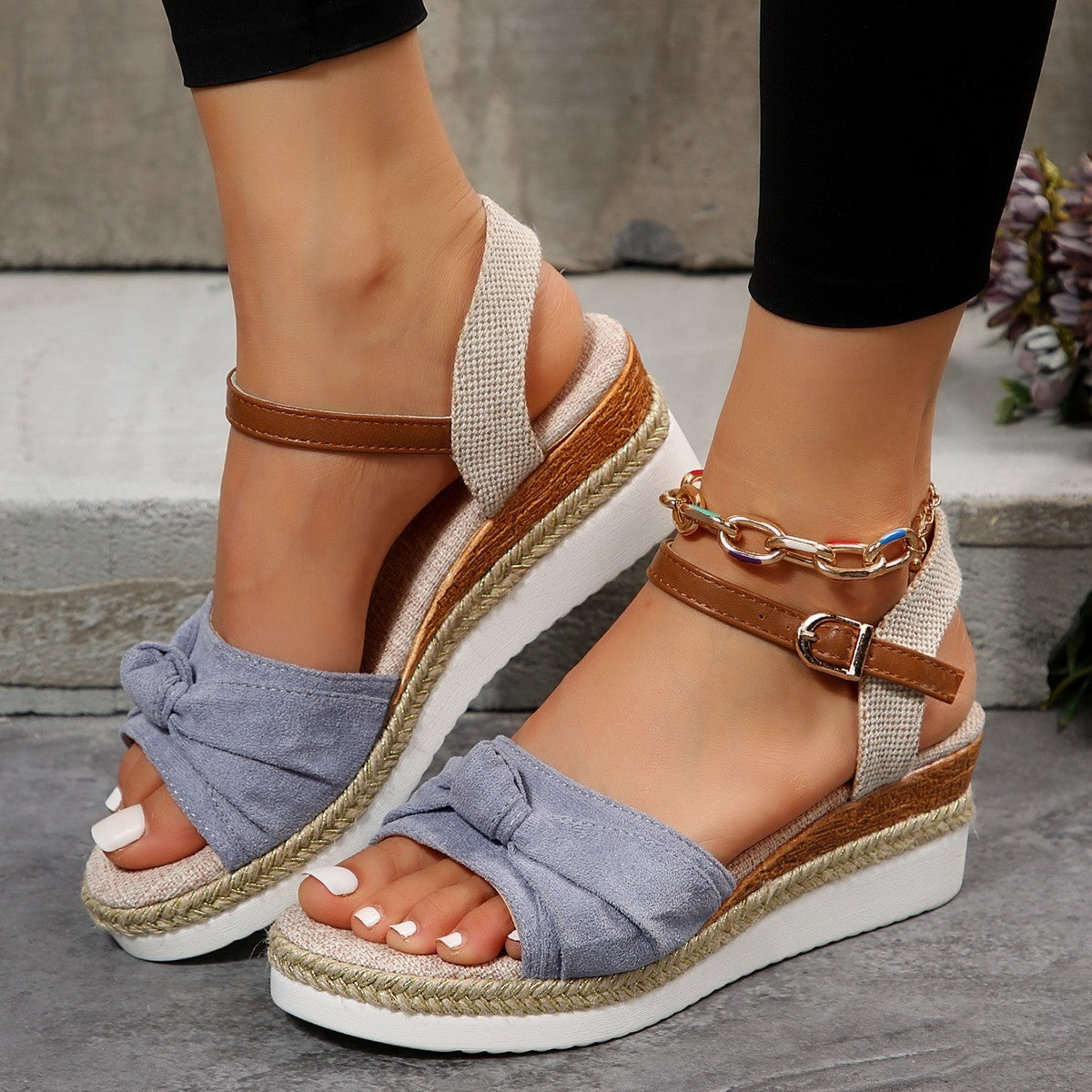 Thick-Soled Bow Linen Wedge Sandals