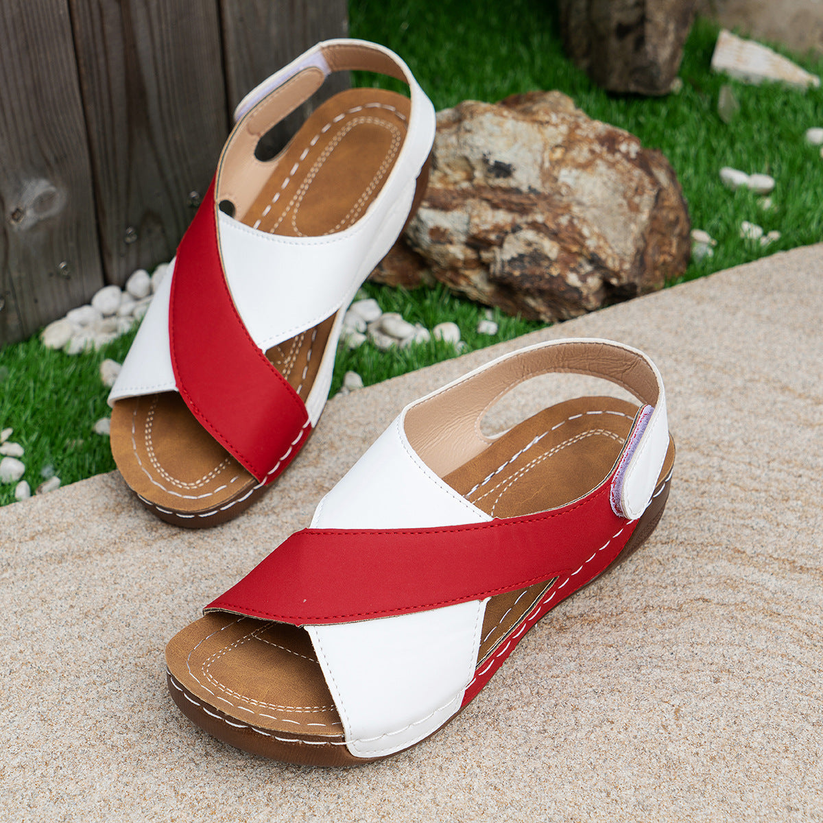 Colorblock Cross-Strap Wedge Sandals