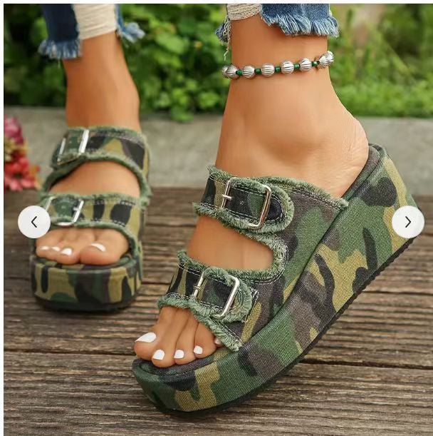 Denim Buckle Wedge Camouflage Sandals