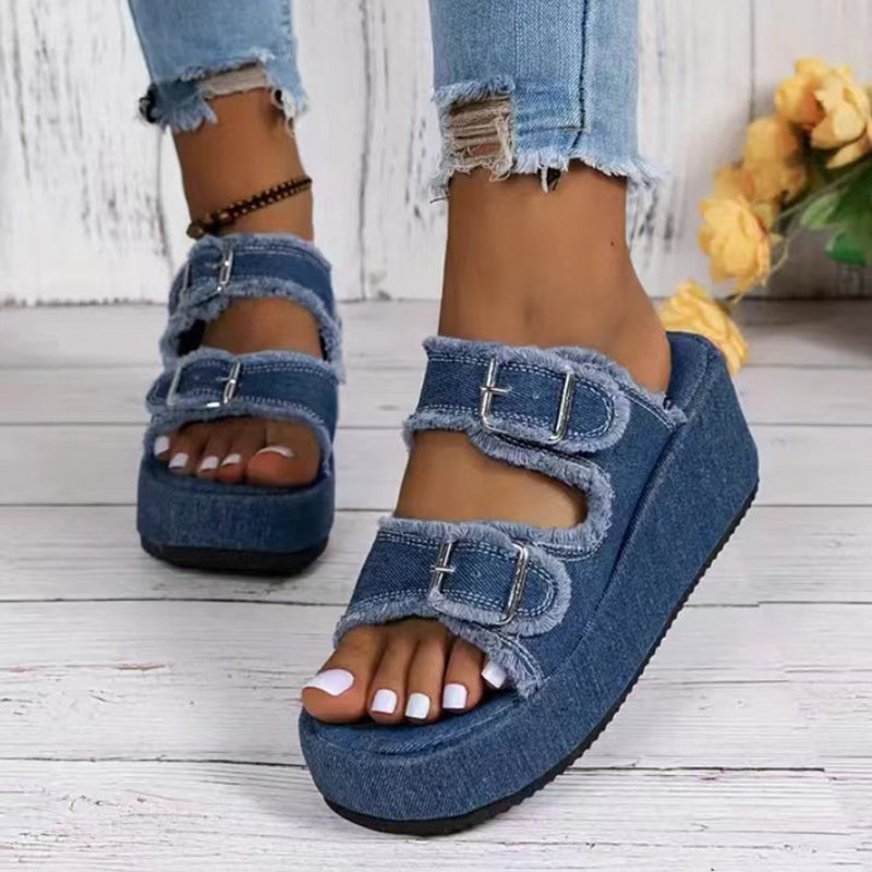 Denim Buckle Wedge Camouflage Sandals