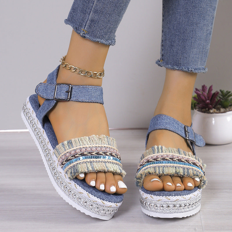 Tassel Denim Flat Ethnic Sandals