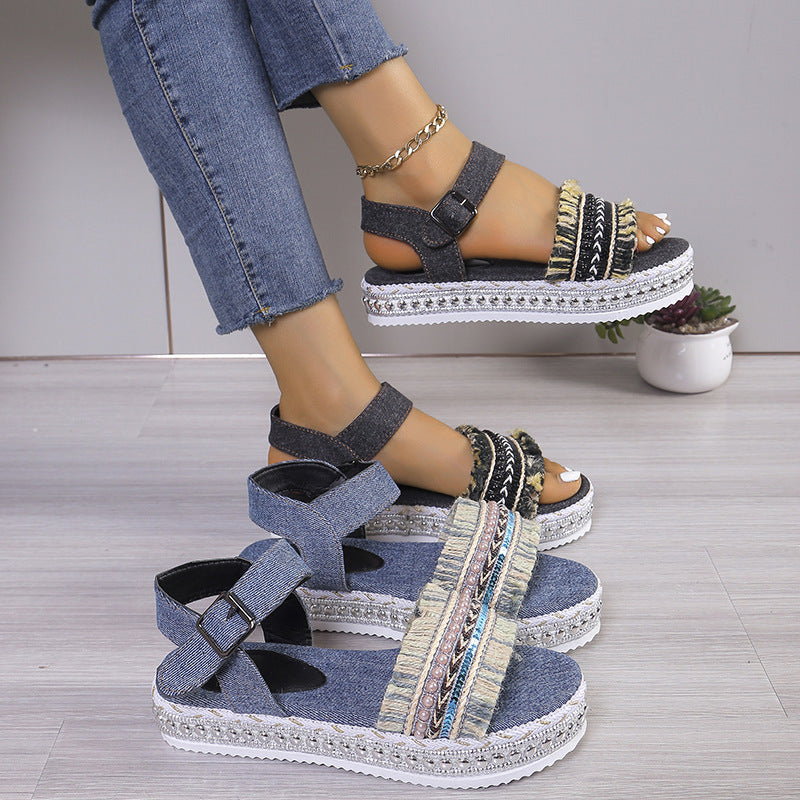 Tassel Denim Flat Ethnic Sandals
