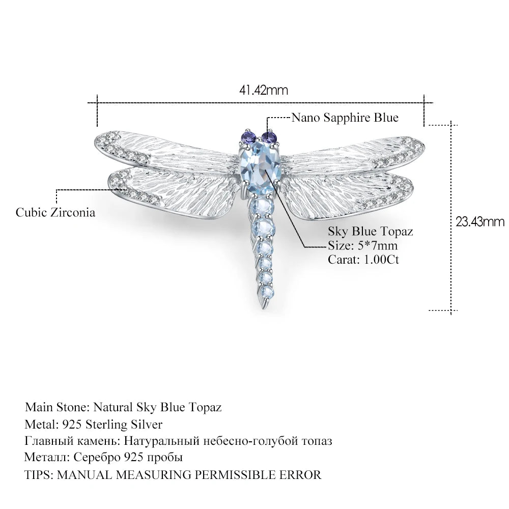 GEM'S BALLET Blue Topaz Dragonfly Brooch