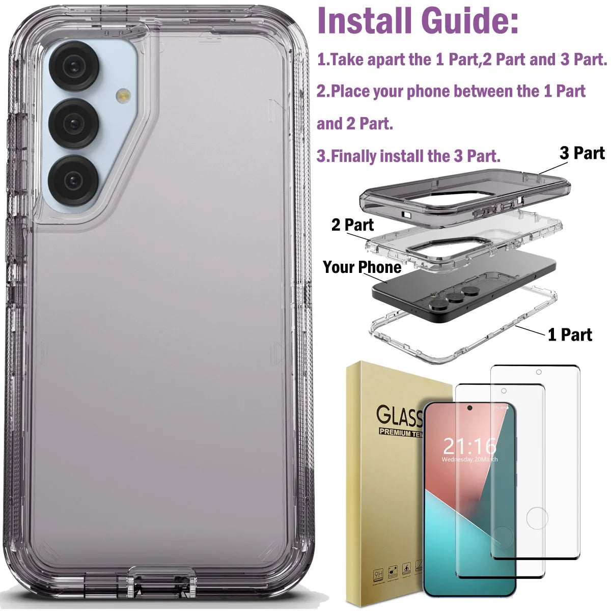 Galaxy S25 Clear Shockproof Case + Glass