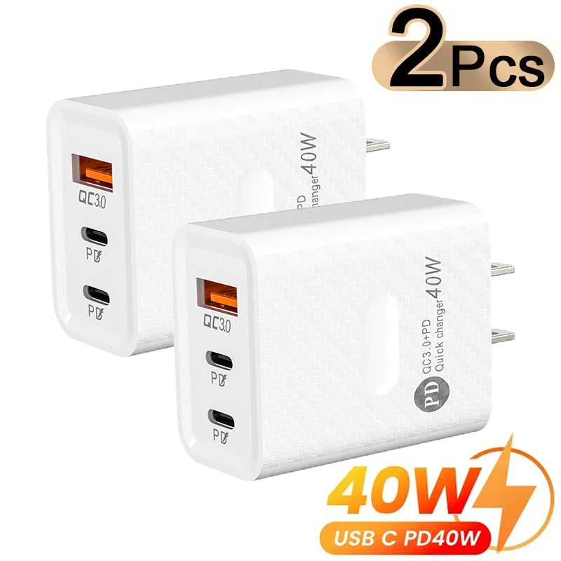 2PCS 40W 3-Port PD Charger Quick Charge