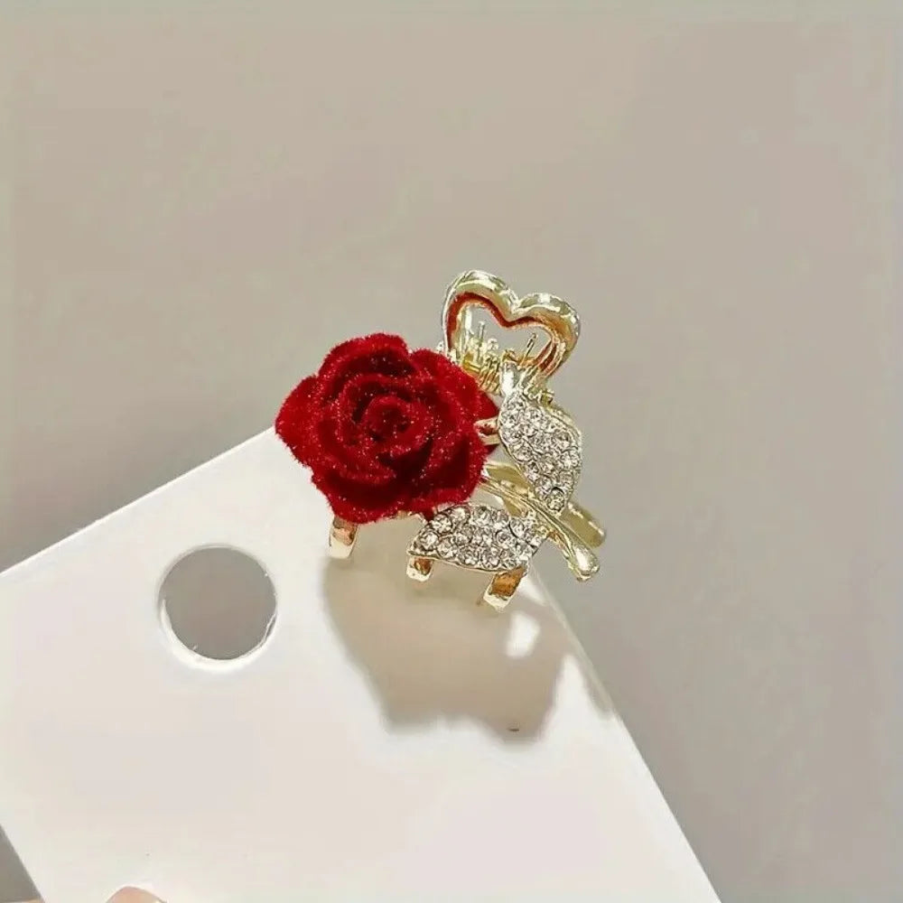 Mini Rhinestone Velvet Rose Hair Claw