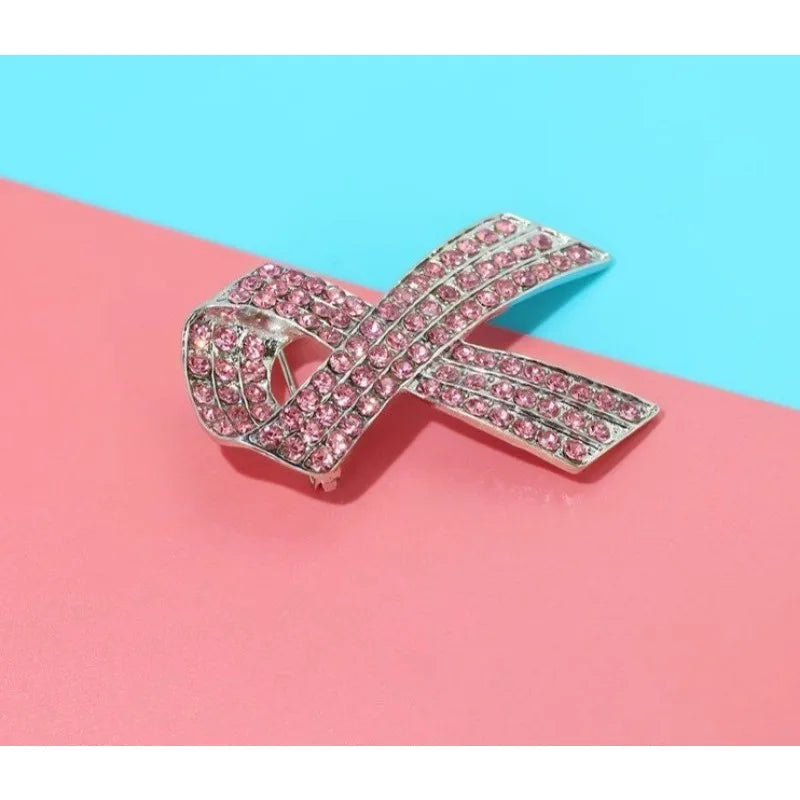 2pc Full Diamond Pink Ribbon Brooch