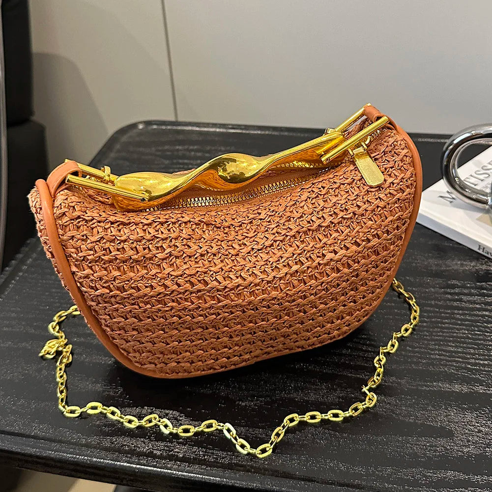 Women Knitting Sling Straw Crossbody Bag