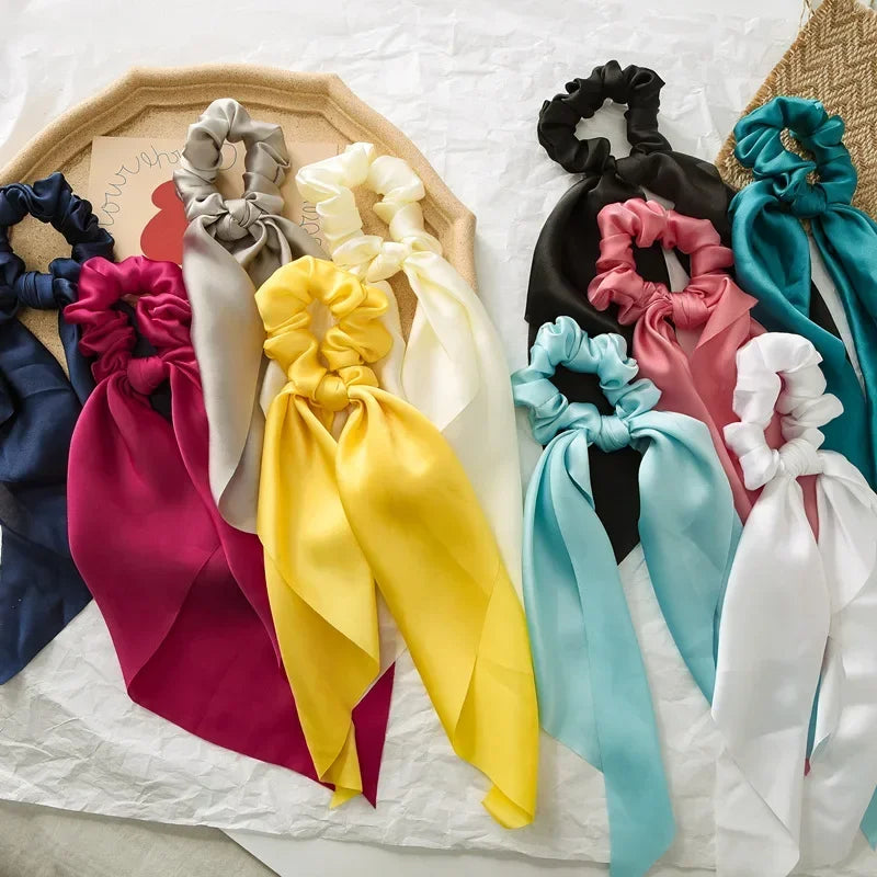 Sweet Long Ribbon Satin Bow Scrunchies