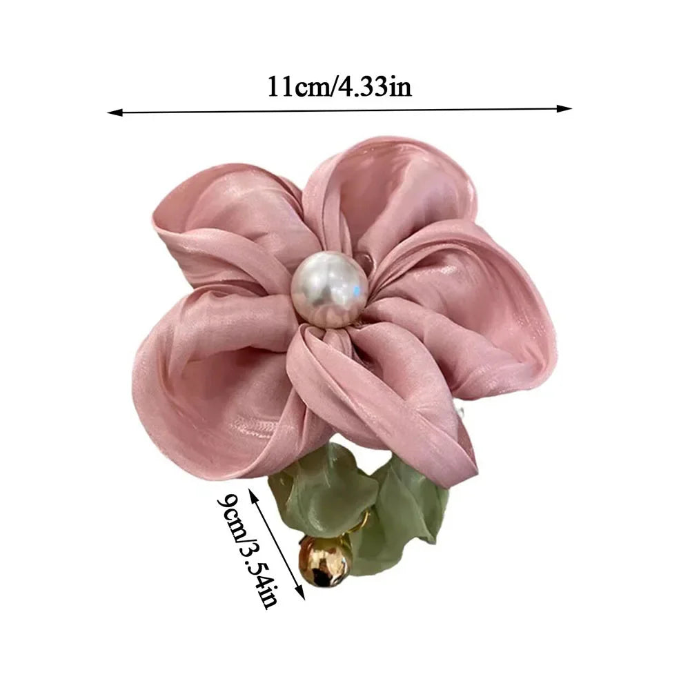 Elegant Pearl Rhinestone Flower Scrunchies