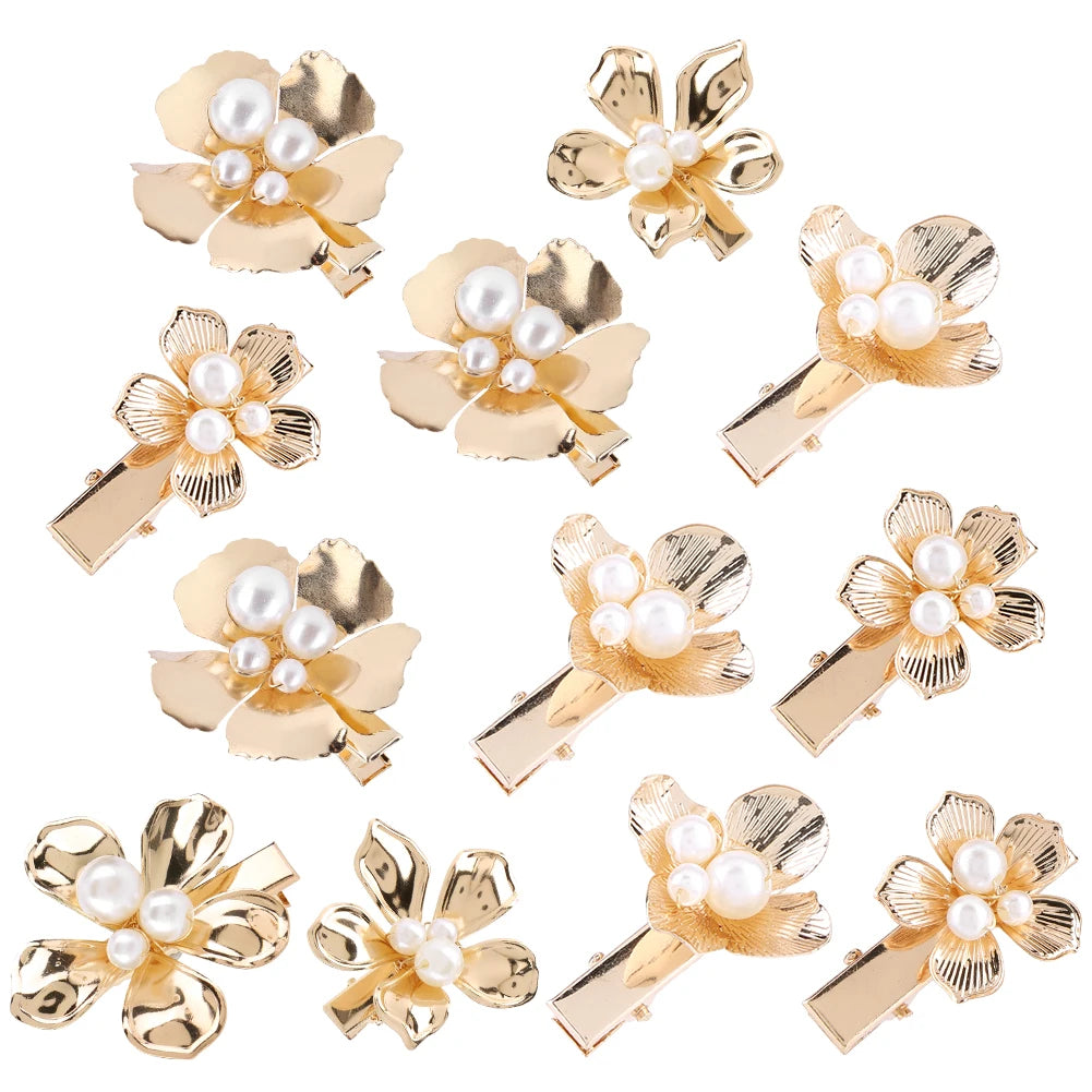 Gold Pearl Flower Hair Clips Set