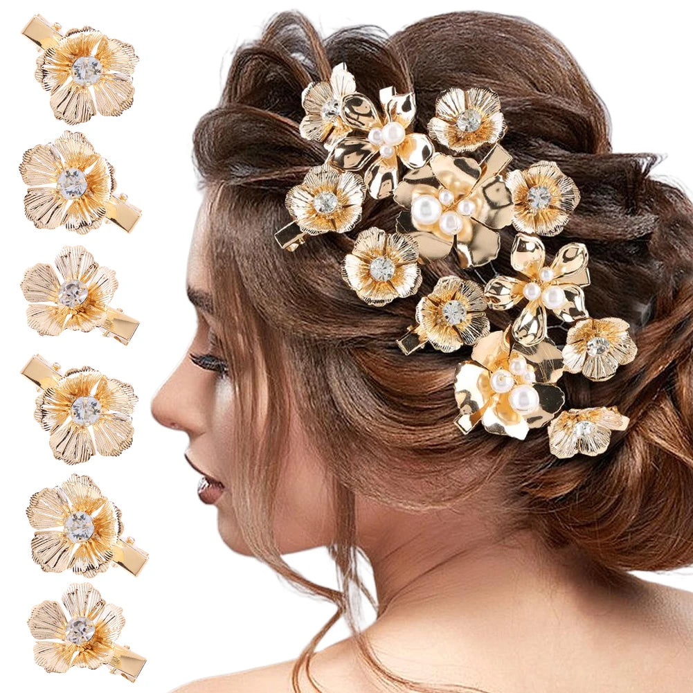 Gold Pearl Flower Hair Clips Set