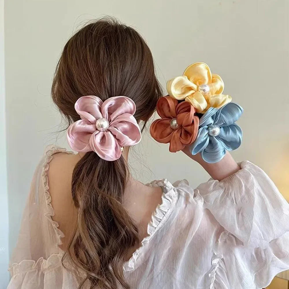 Elegant Pearl Rhinestone Flower Scrunchies