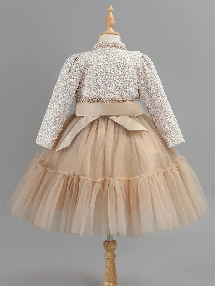 Girls Khaki Lace Dress and Coat Set