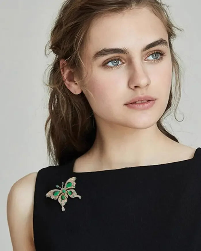 Retro Green Emerald Butterfly Brooch